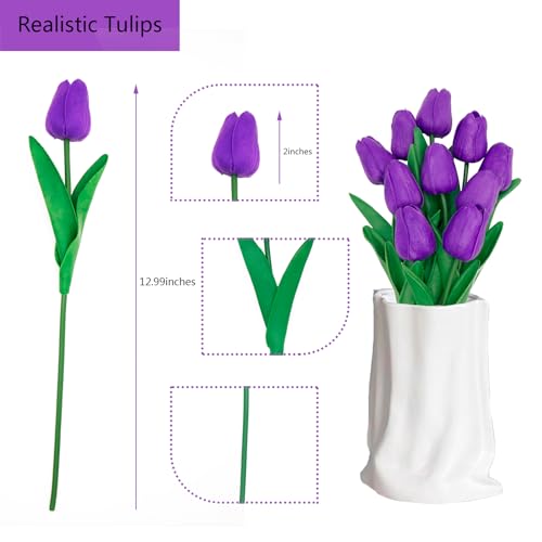 10 Pcs Faux Tulips Artificial Flowers with Stems, 13 Inch Artificial Tulips Flower Realistic for Wedding Bouquet, Table Centerpiece, Birthday Party (Purple) - color: Purple