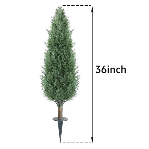 3FT Artificial Cedar Topiary Trees with Ground Spike, Outdoors Fake Cypress Shrubs Trees Set of 2 Faux Boxwood Topiaries Bushes Evergreen Plants for Home Front Porch Decor (36 Inch) - size: 35 inch