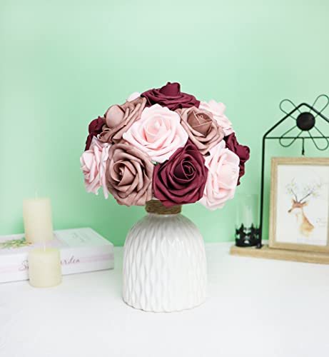 Artificial Flowers 25PCS Real Looking Blush & Dusty Rose & Burgundy Fake Roses with Stem for DIY Wedding Bouquets Centerpieces Baby Shower Party Home Decorations - color: Blush&dusty Rose&burgundy, size: 3"/25pcs