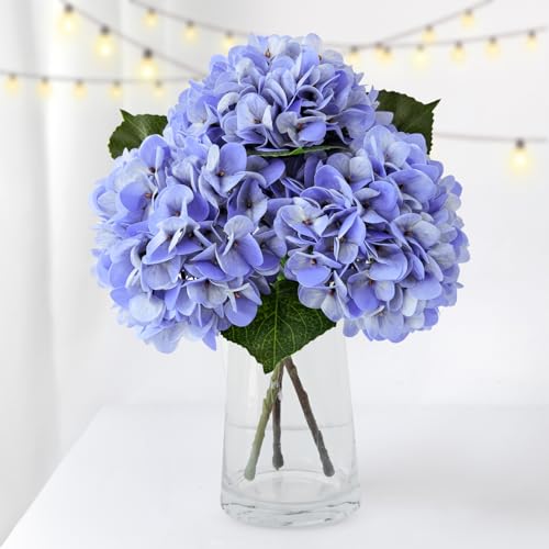 ZYTUYO 3PCS Blue Hydrangea Artificial Flowers 20" Large Fake Latex Real Touch Hydrangeas Flowers with Stems Faux Silk Bouquet for Indoor Home Decor Table Wedding Party Floral Outdoor Centerpieces - color: Blue