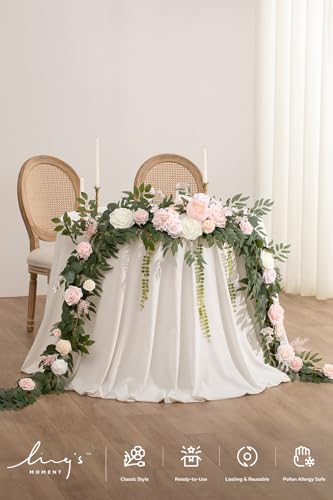 Ling's Moment 9FT Flower Garland for Backdrop Decorations - Wedding Arch Flowers, Eucalyptus & Rose, Artificial Floral Garland for Mantle - Sweetheart Table Decor for Ceremony Reception, French Pink - color: Pk-blush & Cream
