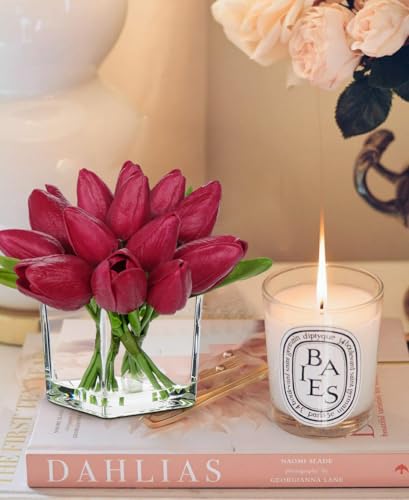 DILATATA Artificial Hot Pink Tulips in Vase with Faux Water 5.5" Real Touch Flowers Fake Tulips Small Flowers Arrangement in Cube Glass Vase for Mother's Day Table Centerpiece Wedding Home Decor - color: Square Vase/Hot Pink/1 Set