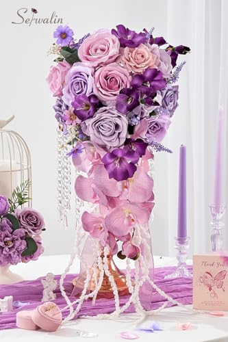 Serwalin 11 Inch Wedding Bouquets for Bride Bridesmaid, Purple Bridal Bouquets for Bride, Artificial Bouquets of Flowers for Wedding Ceremony Bridal Shower and Anniversary Day Decor - color: Royal Violet