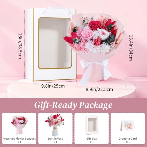 Lewondr Flower for Delivery, Preserved Flowers Bouquet, Pink Roses Bouquet, Real Long-Lasting Forever Birthday Flowers Gifts for Mom Women Wife Grandma Her Mothers Day Anniversary, Light Rose - color: Pink