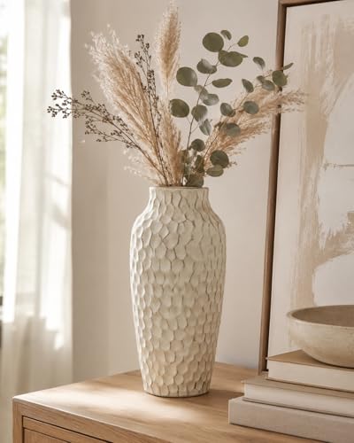 12.4" Yellow Ceramic Vase, Large Rustic Textured Decorative Vase for Farmhouse Home Decor, Tall Pottery Vase for Dried Flowers & Pampas Grass, Warm Accent Centerpiece for Table, Shelf - color: Yellow, size: 12.4 Inch