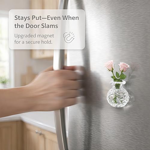 10-Pack Magnetic Mini Glass Vases Set with 30+ Flowers - Strong Magnet Decor for Fridge, Locker and Office - Small for Mom and Women - color: Glass