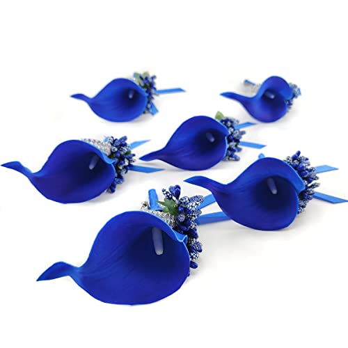 Ciandid Calla Lily Boutonnieres Set of 6, Groom Groomsman Best Man Boutonniere, Bride Bridesmaid Brooch Corsage, Handmade Flower for Wedding Ceremony Anniversary (Calla Lily-Klein Blue, 6pcs) - color: Klein Blue