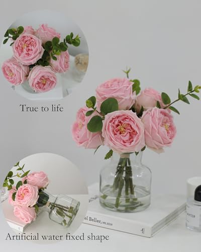 CHASMILE Artificial Flowers with Pink Roses in Vase, Lifelike Fake Flowers in Vase, Faux Flower Arrangements for Dining Table Centerpiece Decor, Table Centerpieces for Dining Room - color: Pink Simulated Rose With Vase
