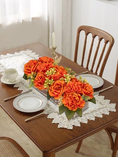 DILATATA Flower Arrangement with Wooden Vase 14" Artificial Flowers in Pot - Fake Flowers Roses Peonies Hydrangeas in Wooden Vase Potted Flower Centerpieces for Table Decor Living Room - Burnt Orange - color: 14"l Burnt Orange