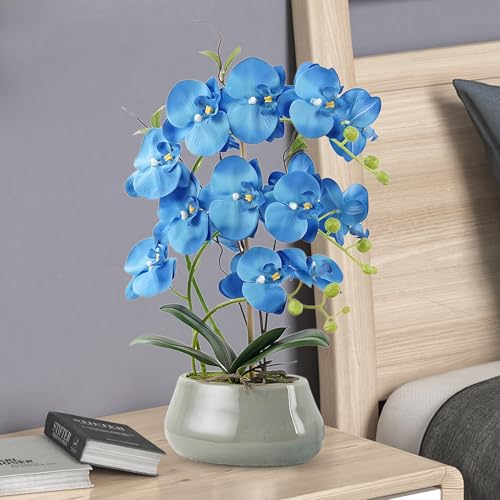 Orchid Artificial Flowers with Gray Vase Large Silk Faux Phalaenopsis Flowers for Dining Room Table Floral Centerpieces Indoor Decoration,Blue - color: Blue