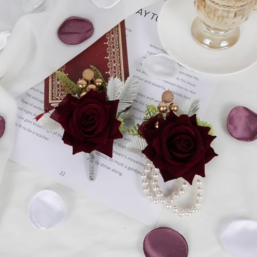 2PCS Burgundy Corsage and Boutonniere Set, Rose Wrist Corsage for Brides Corsage Wristlet for Prom Decor, Groom Boutonniere Set for Men Wedding Anniversary Flowers Party Suit Decoration (Red) - color: Burgundy