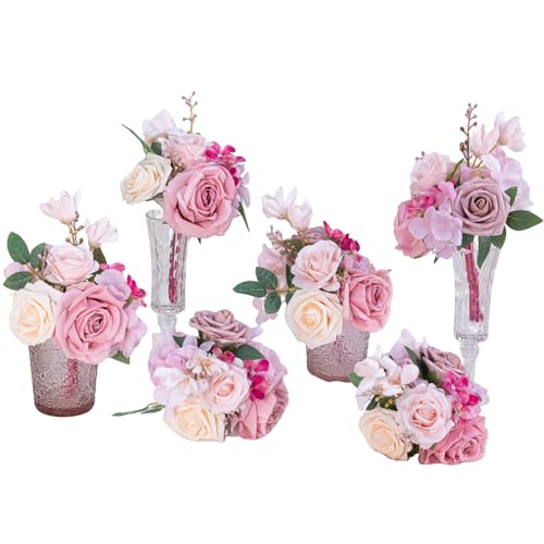 Hot Pink Wedding Centerpieces Flowers Set of 6 Mini Bridesmaid Bouquets Posy Bouquet Pre-Made Wedding Flowers Centerpieces for Tables Artificial Flowers - color: Hot Pink