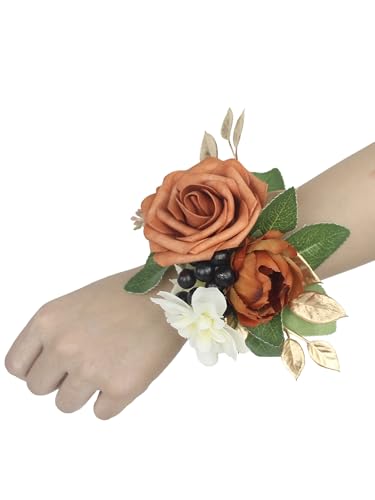 Rinlong 2Pcs Terracotta Wrist Corsage for Wedding, Prom, Homecoming | Burnt Orange Bridesmaid Wristlet, Mother of the Bride Flower Corsage - color: 01-terracotta