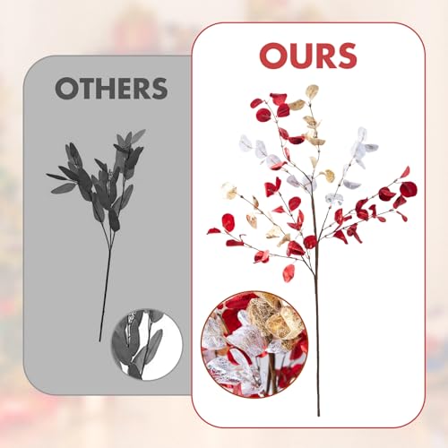 6pcs Eucalyptus Stems Fake Red Gold Silvery Christmas Decorations Leaves Artificial Silk Flowers Bouquet Faux Branches Centerpiece Flores Plants for Home Party Decor Wedding Decoration - color: 6pcs-christmas