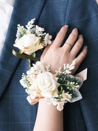 White Rose Wrist Corsage and Boutonniere Set with Ribbon Ties Wedding Prom Formal Accessories (Champagne Colored Ribbon) - color: Champagne Colored Ribbon