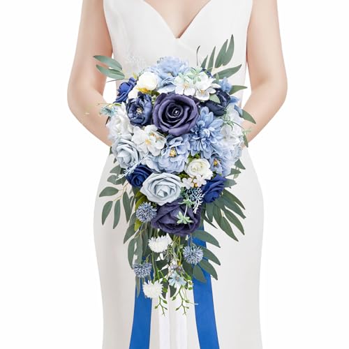 Serwalin 9.8 Inch Wedding Bouquets for Bride Bridesmaid, Dusty Blue Bridal Bouquets for Bride, Wedding Flowers Bouquet Tossing Bouquet, Wedding Ceremony and Anniversary Decoration - color: Dusty Blue