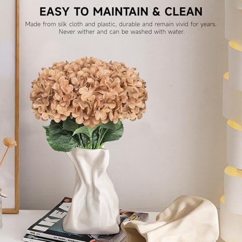 6 PCS Artificial Hydrangea Flowers, Faux Silk Hydrangea with Long Stems, Home Wedding Decor, Table Centerpieces, Party Decorations(Caramel) - color: Caramel