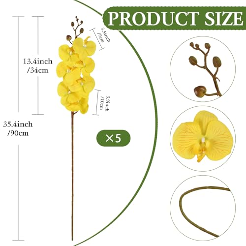 35.4" Yellow Orchids Artificial Flowers 5PCS Fake Orchid Long Stem Phalaenopsis Silk Orchids That Look Real for Tall Vase Bridal Shower Home Party Wedding Decoration (Yellow) - color: Yellow