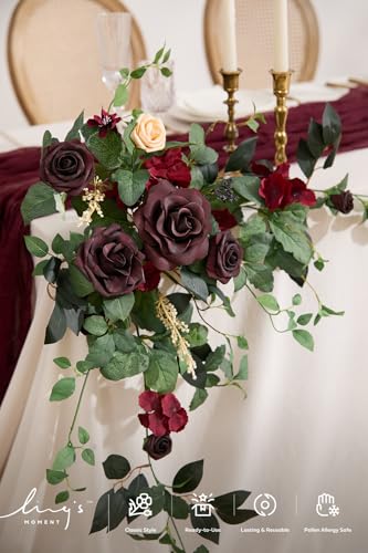 Ling's moment 2PCS Burgundy Artificial Floral Swags Wedding Arch Flowers Table Centerpieces Dark Red Rose Garland Wine Red for Sweetheart Head Table Easel Wall Entryway Board Backdrop - color: Red-bordeaux Red