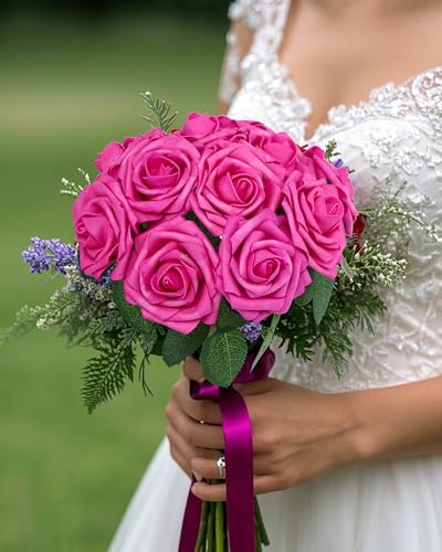 DuHouse 50Pcs Artificial Roses Flowers Fake Roses with Stems Real Touch Foam Flowers for DIY Wedding Bouquet Party Centerpiece Floral Arrangement Party Home Decor(Hot Pink) - color: Hot Pink, size: 50pcs