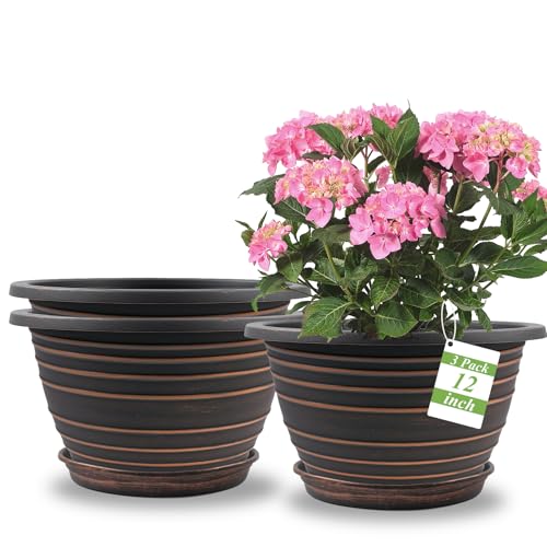 KPUVX 12 Inch Plastic Flower Pot for Indoor and Outdoor Plants, 3 Pack Large Planters with Drainage Holes & Saucers, Retro Antique Imitation Decorative Garden Pots - color: Red Brown