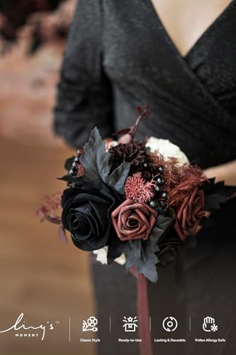 Ling's moment Black Artificial Wedding Flower Bouquets for Bridesmaids Burgundy Floral Bouquet Mashala Bridesmaid Bouquets with Ribbon Ceremony Anniversary,7-inch Diameter - color: Red-burgundy Red & Black