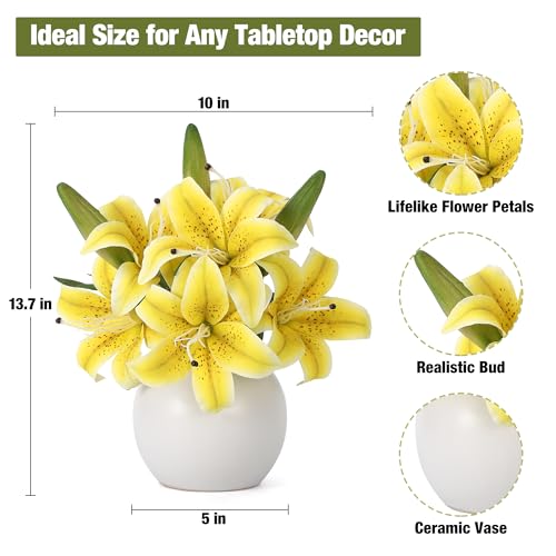 GarveeTech Artificial Tiger Lily Flowers 3 Pcs, Real Touch Yellow Lily Faux Flowers,6 Blooms & 3 Buds,Ceramic Vase Included,Home Table Wedding Baby Shower Birthday Party Centerpiece Decoration - color: Yellow, size: Lily(3 Pcs)