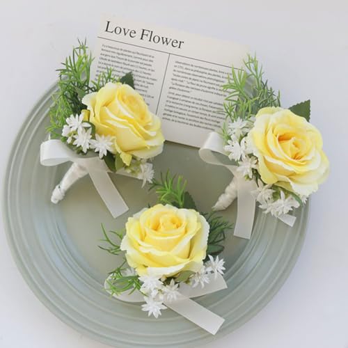 Corsage and Boutonniere Set, Handmade Artificial Peony Rose Wrist Corsage Wristlet and Groom Boutonniere for Men Wedding Prom Suit Decorations (Yellow) - color: Yellow