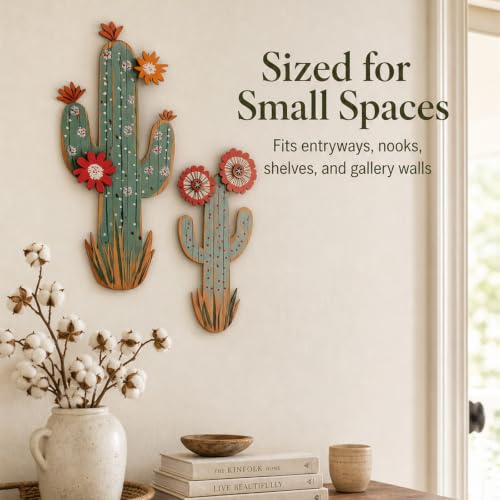 flangairy 15.7in Layered Cactus Wall Decor, Set of 2 Wooden Cactus Flower Picture Southwestern Wall Art, Western Room Bathroom Bedroom Nursery Kitchen Decorations for Home