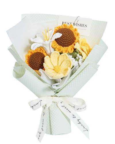 Crochet Flower Bouquet Handmade Artificial Flowers with Card - color: Sunflower