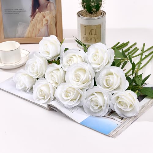 60 Pcs Ivory Fake Roses Artificial Flowers Bulk Realistic Silk Faux Rose with Stems for Wedding Decoration Anniversary Bridal Bouquet DIY Floral Arrangement Romantic Home Decor Gifts - color: Ivory