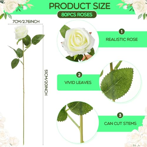 Hotop 80 Pcs Rose Artificial Flowers Bulk with Long Stem, Silk Roses Realistic Fake Flowers Bouquet for Wedding Table Centerpieces Bridal Shower Party Home Decorations(White) - color: White