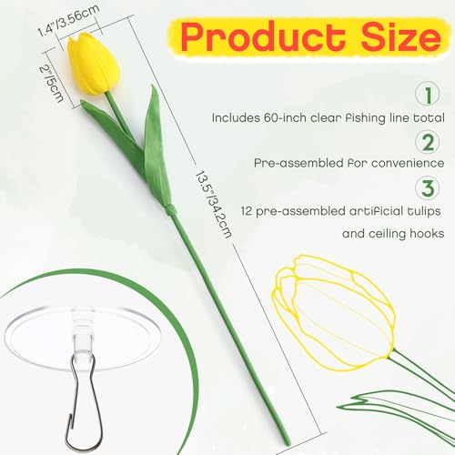 12 Pack Gradient Yellow 5 ft Artificial Tulips Hanging Flower Garland Decorations Spring Summer Dangling Faux Tulip Floral Vine Strings with Hooks for Wall Ceiling Wedding Tea Party - color: Gradient Yellow