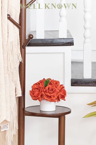 WELL KNOWN Artificial Flowers in Vase, Silk Rose Arrangement Mini Potted Realistic Fake Flowers with Ceramic Vase for Wedding Vanity Centerpiece Coffee Table Bathroom Anniversary Decor (Burnt Orange) - color: Rose, Burnt Orange