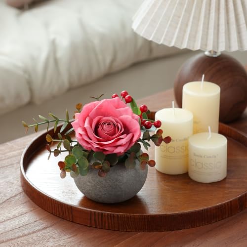 mizii DIY Small Artificial Flowers Potted Kit Fake Flower Realistic Silk Rose and Greenery with Vase for Gifts Table Centerpiece Mantle Office Desk Shelves Living Room Decorations (Pink) - color: Pink