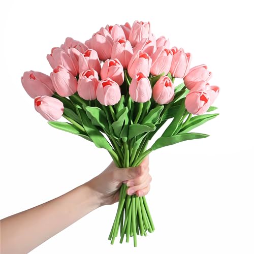 SITUMEIZI 15pcs Pink Tulips Fake Artificial Flowers Real Touch 14" PU Flower for Home Kitchen Decor Spring Easter Wedding Bouquet Decorations Office Valentine's Day Gifts - color: Pink