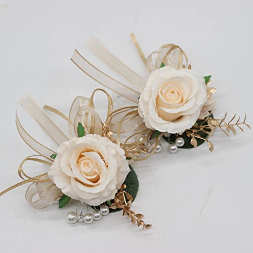 2 Corsages, Handmade Artificial Peony Rose Wrist Corsage Wristlet Wedding Prom Suit Decorations (2 Gold Wrist Corsage) - color: Gold Wrist Corsage