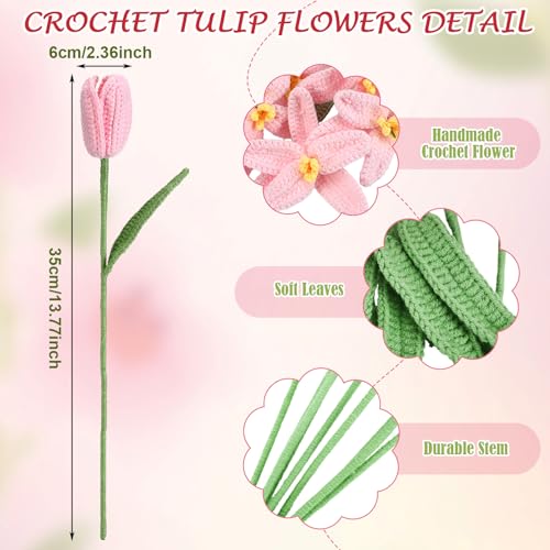 Shihanee 10 Pcs Tulip Crochet Flowers Bouquet Handmade Knitted Flower Decor Birthday Gifts for Women Grandma Spring Home Vase Centerpiece, 13.7", Vase Not Inchluded(Pink) - color: Pink