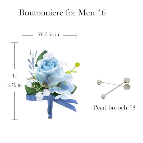 Marriwise 6pcs Light Blue Boutonniere for Men, Artificial Silk Rose Flowers Wedding Groom Groomsmen Boutonniere for Wedding/Anniversary/Prom/Rustic Wedding/Homecoming (Light Blue) - color: Light Blue