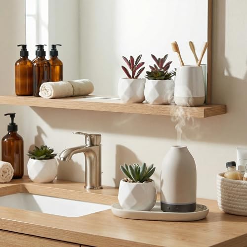 MyGift Miniature Artificial Succulents, Indoor Fake House Plants in Round White Geometric Ceramic Pots, Set of 4 - color: White (Set of 4)
