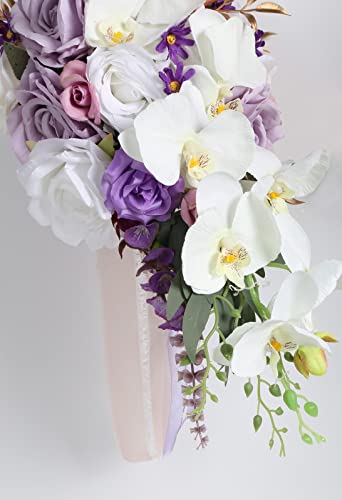 Bridal Bouquets for Bride, 11 Inch Artificial Flowers Bridal Bouquet Cascading Wedding Bouquets for Bride for Wedding Ceremony and Anniversary(White Purple) - color: White Purple