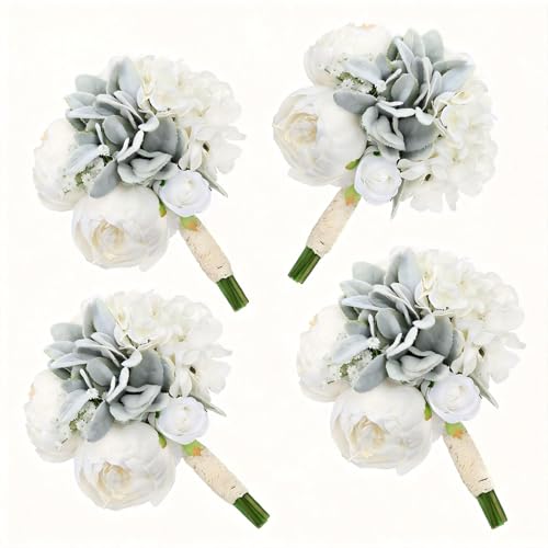 White Pre-Made Bridesmaids Bouquets Set of 4-7 inch Small Rustic Aritificial Flower Bouquet for Wedding Marriage Proposal Decor - color: White, size: Set of 4 Bouquets