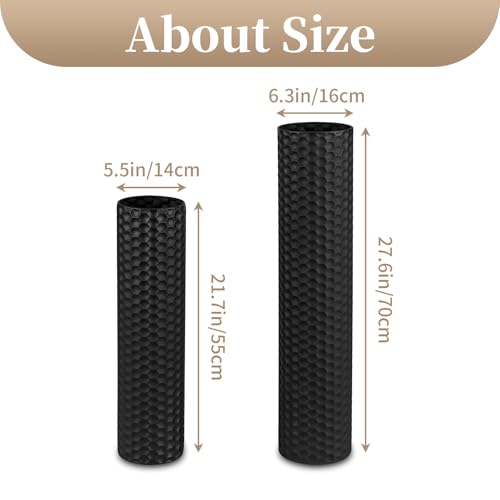 Sziqiqi Black Cylinder Tall Floor Vase: 27.6/21.7in Metal Extra Large Decorative Vase Set of 2 Living Room Modern Honeycomb Texture Big Standing Vase for Dining Bedroom Home Corner Indoor Office - color: Black