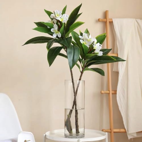 XIYUAN 35.5 Inch Artificial Flowers Artificial Frangipani Flower 2 Stems Lifelike Real Touch Artificial Plumeria Flowers for Home Party Wedding Bouquet Home Decoration (White) - color: White