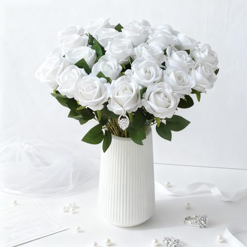 Kenpal Realistic Fake Roses Artificial Flowers with Stem for Decoration Floral Arrangement Centerpieces Wedding Bouquets (10, White) - color: White
