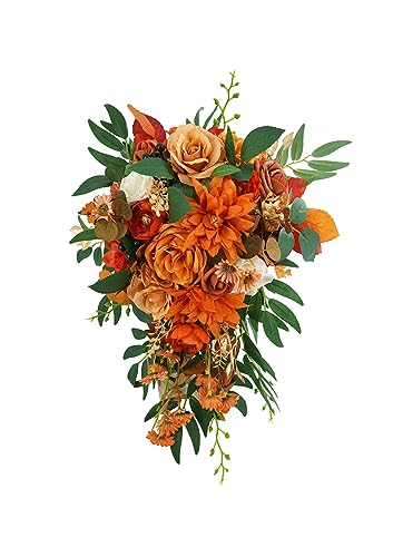 Ansofi 11" Burnt Orange Wedding Bouquets for Bride Rustic Boho Cascading Bridal Bouquet Flowers for Fall Vintage Wedding Party Ceremony Decor - color: Bridal Bouquet, size: 17.72 inches high, 11 inches in diameter