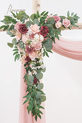 Floroom Arch Flowers with Drapes Kit (Pack of 4) - 2pcs Artificial Dusty Rose & Burgundy Floral Swag Arrangement with 2pcs Draping Fabric for Wedding Ceremony Arbor and Reception Backdrop Decoration - color: Dusty Rose & Burgundy