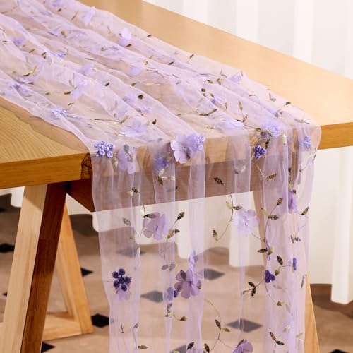 Embroidery Floral Table Runner Rustic Spring Summer Wildflower Tulle Table Runner Vintage Flower Kitchen Dining Tabletop Runners Decoration for Home Wedding Party, 108x24.5 Inch (Purple) - color: Purple, size: 108*24.5 inch