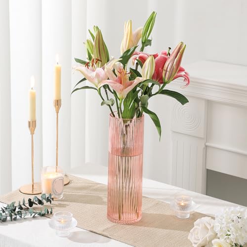 Pink Glass Vase, Glass Flower Vases, Ribbed Vase, Pink Vase, Tall Cylinder Glass Vases for Living Room, Bedroom, Dining Table, Office, Wedding, Bookshelf Decoration, 12 Inches - color: Pink, size: 12''