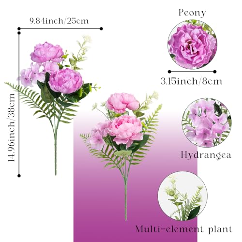 6 Bundles Peonies Artificial Flowers for Outdoors UV Resistant Faux Peony with Hydrangea Fake Flowers Silk Flowers for Outside Front Porch Garden Window Box Decor(Lavender Pink, Purple) - color: Lavender Pink, Purple